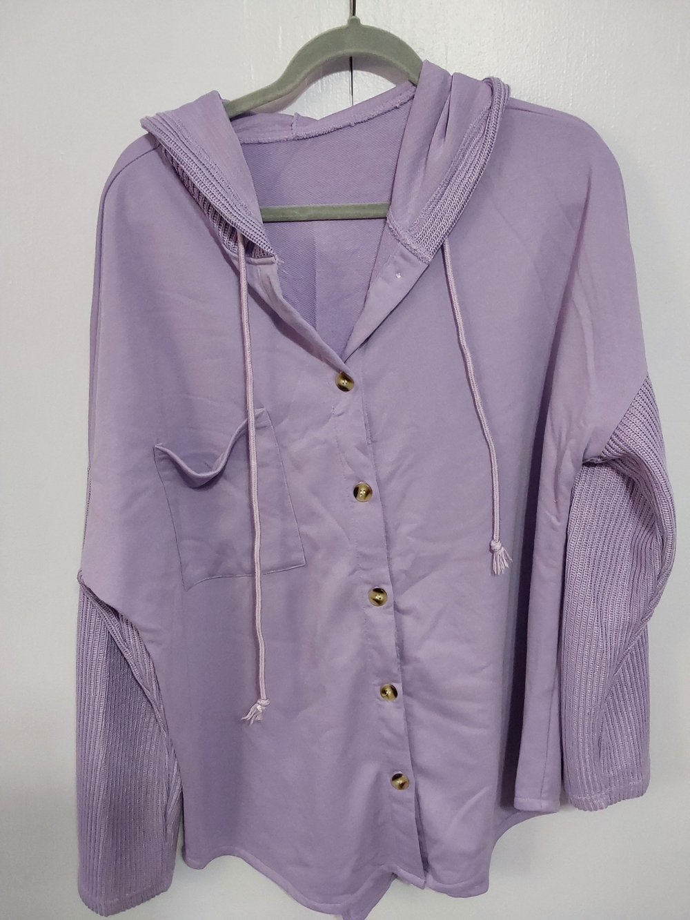 Lilac Button-Front Hooded Shirt with Knit Sleeves
